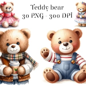 30 Watercolor Teddy Bears Clipart, Teddy Bear For Baby Shower Decor, Nursery Art Baby Shower, High Quality Digital Download JPG