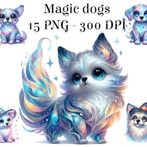 May include: A set of 15 digital images featuring cute, cartoon-style dogs with magical, iridescent fur. The dogs are in various poses and have different expressions. The images are perfect for use in digital scrapbooking, card making, and other creative projects.