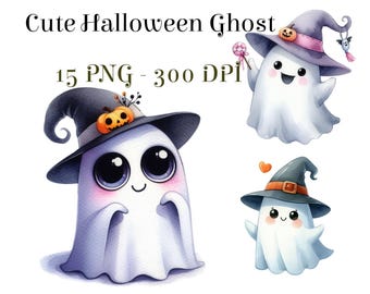 Niedliches Halloween-Geist Clipart PNG, Kawaii-Geist-Clipart-Bundle, Aquarell-Halloween-Geister, 15 PNG, gruselige niedliche Clipart, kommerzielle Nutzung