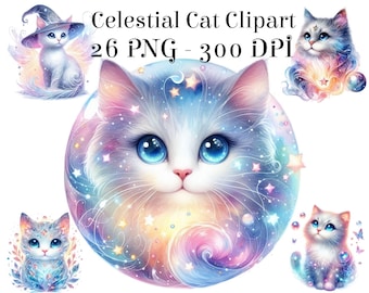 Himmelsk katt Clipart-paket, 26 akvarell katt PNG-filer, galaxkatt Clipart, magisk kattgrafik, fantasikatt PNG, kommersiellt bruk