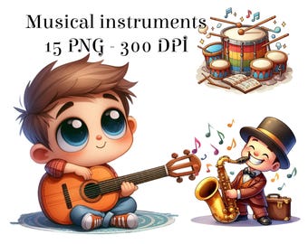 Clipartbundel muziekinstrumenten: artistieke 15 png-afbeeldingen (digitale download)