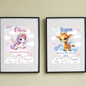 Personalized Birth Details Print, Animal Angels Poster, Baby Name Print, Your Birthday Gift, Christening Gift, Newborn Baby Gift