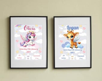 Personalized Baby Birth Stats Print,Custom Nursery Wall Art,Newborn Keepsake Gift, Baby Name Poster, Birth Announcement,Animal Nursery Decor