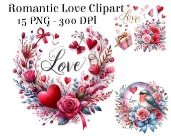 Romantic Watercolor Love Clipart, 15 PNG Hearts & Floral Graphics, Valentine's Day, Wedding Clipart, Mother's Day, Digital Download