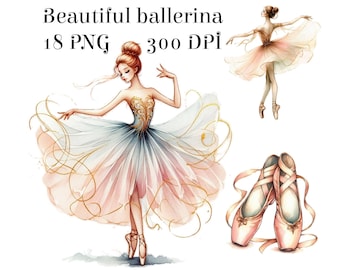 May include: A watercolour illustration of a ballerina in a pink and blue tutu with gold accents. The ballerina is wearing pink ballet shoes and has her hair pulled back in a bun. The image also includes a pair of pink ballet shoes.