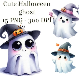 Watercolor Cute Ghost Clipart, Happy Halloween Clipart, 15 PNG Halloween Clipart Bundle, Сartoon Cute Ghost PNG, PNG, Commercial Use