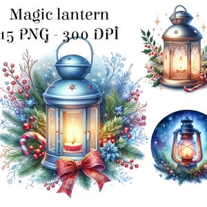 Christmas Lantern Clipart, Lantern PNG Clipart Set, Christmas Holly And Lantern PNG, Watercolor Winter Decoration Clipart