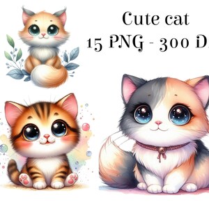 Pacchetto di clipart di gatti carini ad acquerello, set di 15 clipart PNG di alta qualità, gatti felici, gatti dei cartoni animati PNG, download istantaneo, uso commerciale