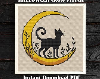Black Cat Moon Cross Stitch Pattern, Halloween Cat PDF, Witchy Decor, Instant Download