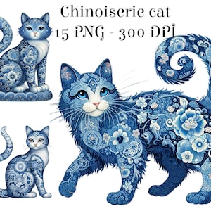 Watercolor Chinoiserie Cat 15 PNG, Cute Cats, Ornament, Sitting Cat, Portrait Clipart, Gift For Cat Lovers, Cute Chinoiserie Graphics
