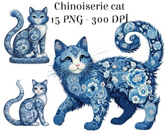 Clipart de gato chinoiserie en acuarela: elegantes gráficos felinos (descarga digital PNG)