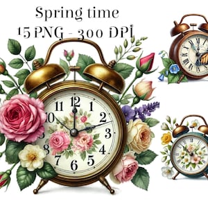 Puede incluir: Ilustración digital de tres relojes despertadores vintage con detalles florales y mariposas. Los relojes son de color bronce con esferas blancas y números negros. La imagen incluye el texto "Spring time" y "15 PNG - 300 DPI".