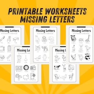 May include: Printable worksheets for kids with the text "Missing Letters". The worksheets feature black and white illustrations of objects and animals, with missing letters to fill in. The background is yellow.