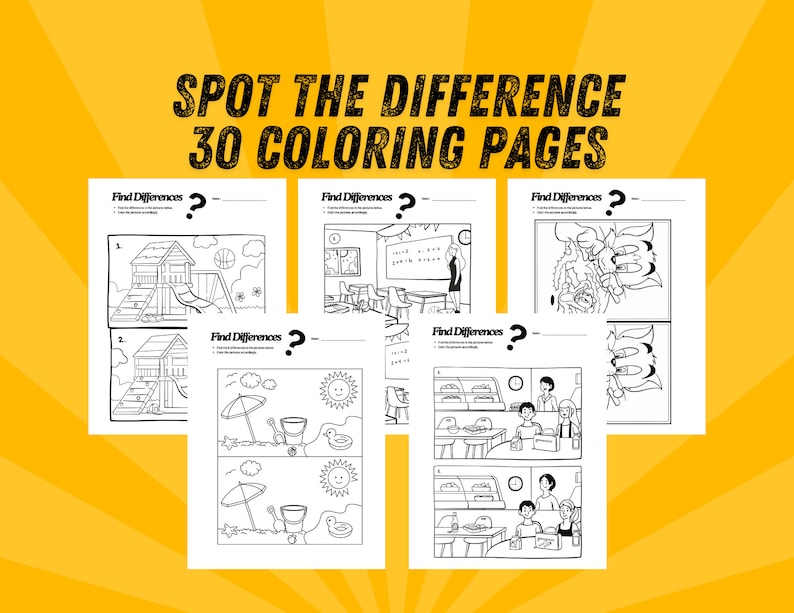 May include: A set of 30 black and white coloring pages featuring "Spot the Difference" puzzles. Each page has two images with subtle differences for children to find. The images include a playground, a classroom, a garden, a beach, and a cafe.