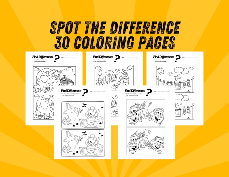 May include: A set of 30 black and white coloring pages featuring spot the difference puzzles. Each page has two images with subtle differences for children to find. The text "SPOT THE DIFFERENCE 30 COLORING PAGES" is at the top of the image.