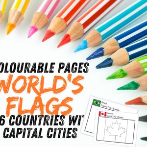 May include: A set of printable coloring pages featuring flags of 206 countries with their capital cities. The pages include outlines of the flags and the names of the countries and their capitals. The image also shows a set of colored pencils.
