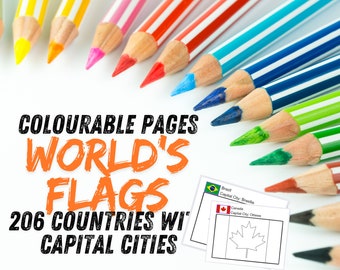 Colourable Pages, World's Flags, 206 Countries with Capital Cities, Teachers to Learn Every Countries' Flags, Flags Coloring Pages Printable