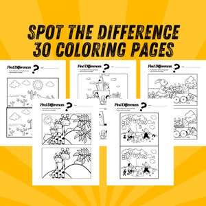 May include: A set of 30 black and white coloring pages with the text "SPOT THE DIFFERENCE 30 COLORING PAGES" at the top. Each page features two images with subtle differences for children to find.