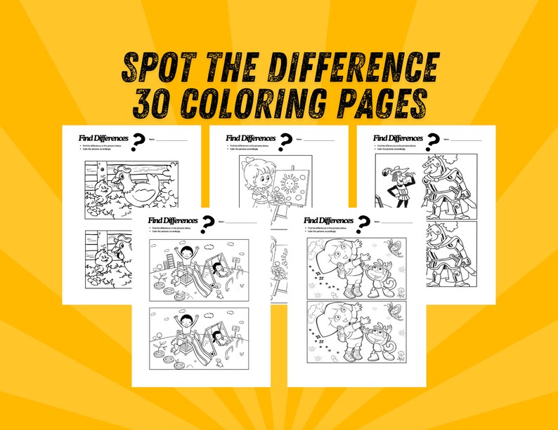 May include: A set of 30 black and white coloring pages featuring "Spot the Difference" puzzles. Each page has two images with subtle differences for children to find.