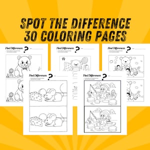 May include: A set of 30 black and white coloring pages featuring spot the difference puzzles. Each page has two images with subtle differences for children to find. The text "SPOT THE DIFFERENCE 30 COLORING PAGES" is at the top of the image.