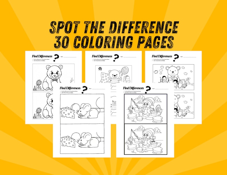 May include: A set of 30 black and white coloring pages featuring spot the difference puzzles. Each page has two images with subtle differences for children to find. The text "SPOT THE DIFFERENCE 30 COLORING PAGES" is at the top of the image.