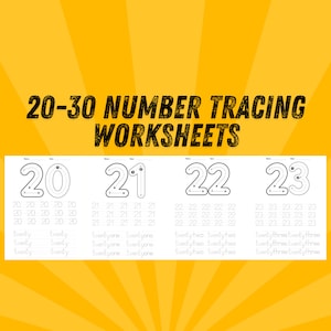 May include: Black and white printable number tracing worksheets for numbers 20 through 23. Each worksheet includes a large number to trace, followed by rows of smaller numbers to practice writing.