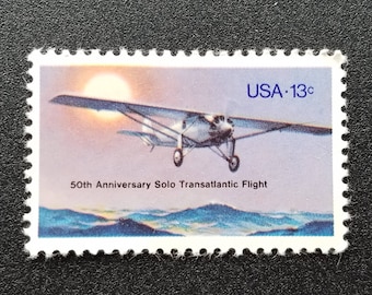 Five 5 vintage unused postage stamps - Solo flight across Atlantic 13c // 13 cent stamps // Face value 0.65