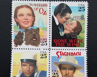 Four 4 vintage postage stamps - Classic movie posters 25c // 25 cent stamps // Face value 1.00