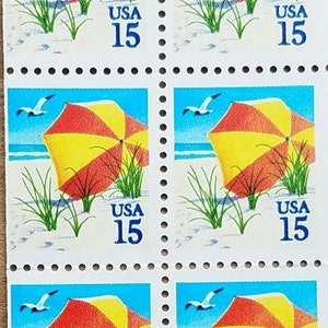Diez sellos de 10 sombrillas de playa de 15 c // Sellos postales antiguos sin usar de 15 centavos // Valor nominal 1,50