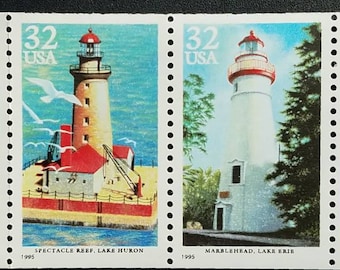 Five 5 Lighthouses of the Great Lakes 32c // vintage unused postage stamps 32 cents // Face value 1.60