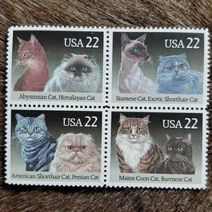 Cuatro razas de gatos 22c // Sellos postales antiguos sin usar Sellos de 22 centavos // Valor nominal 0,88