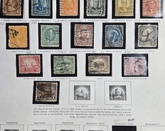 Vintage used US postage stamps on collector page, 1922-1925