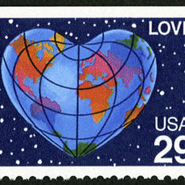 Love Heart World 29 Cent Vintage Postage Stamps, Set of 5