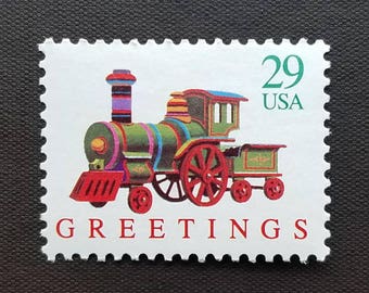 Five 5 Antique Christmas toy train 29c stamp // unused vintage Christmas stamps 29 cent stamps // Face value 1.45
