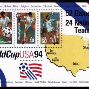May include: A set of four US postage stamps featuring soccer players from the 1994 World Cup. The stamps are arranged in a row and feature the text "World Cup USA 94" and "52 Games 24 National Teams".