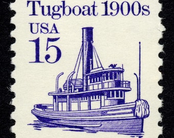 Five 5 vintage unused postage stamps - Tugboat 15c // 15 cent stamps // face value 0.75