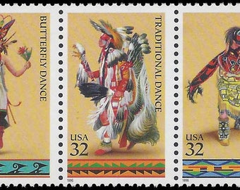 Five 5 vintage unused postage stamps - American Indian dances 32c // 32 cent stamps // Face value 1.60