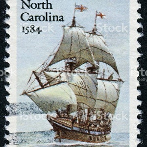 Five 5 vintage unused postage stamps - North Carolina, Roanoke voyages 20c // 20 cent stamps // Face value 1.00