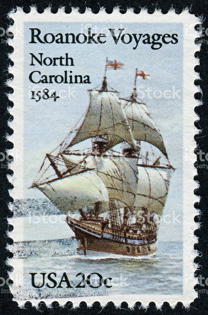 Five 5 vintage unused postage stamps - North Carolina, Roanoke voyages 20c // 20 cent stamps // Face value 1.00