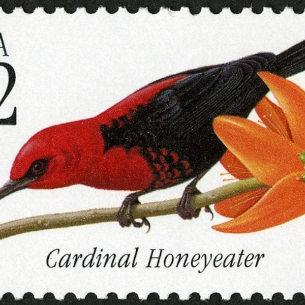 One 1 Cardinal Honeyeater 32c unused vintage postage stamp // Tropical birds // 32 cent stamps