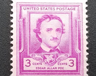 Five 5 Edgar Allan Poe 3c // vintage unused postage stamps 3 cents stamps // Face value 0.15