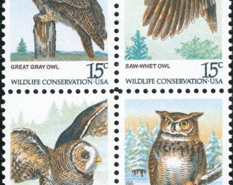 Vintage Owl Stamps: 1978 Wildlife Conservation Set of 4