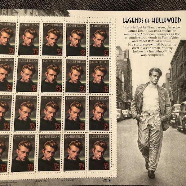 Twenty 20 vintage unused postage stamps - James Dean (sheet) // 32 cent stamps // Face value 6.40