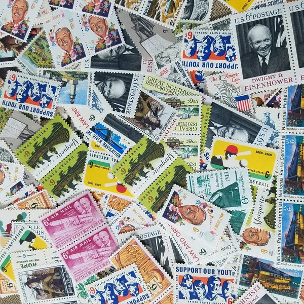 100 one hundred 6 cent vintage unused postage stamps // 20+ DIFFERENT DESIGNS // Face value 6.00