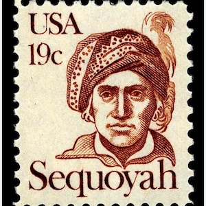 May include: A vintage 19-cent USA postage stamp featuring a brown-toned portrait of Sequoyah. The stamp displays the text USA 19c in the upper left corner and the name Sequoyah in dark brown lettering at the bottom, with a serrated edge border.