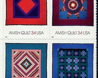 Four 4 vintage unused postage stamps - Amish Quilts 34c // 34 cent stamps // Face value 1.36