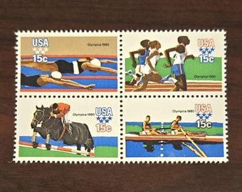 Five 5 Summer Olympics 1980 15c stamps // vintage unused 15 cent postage stamp // set of 4 // face value 0.60