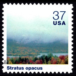 Può includere: Un francobollo americano con un valore di 37 centesimi. Il francobollo presenta una fotografia di un lago e una foresta con una nebbia bassa sullo sfondo. Il testo "Stratus opacus" è stampato sotto l'immagine. L'anno 2004 è stampato nell'angolo inferiore sinistro.