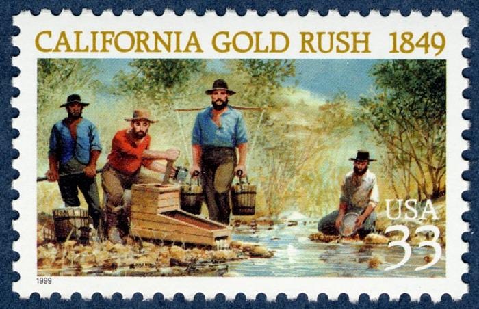 昔の切手！ 1849年のカリフォルニアゴールドラッシュの5枚のヴィンテージ未使用