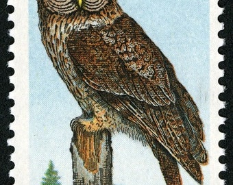 Great Gray Owl 15c stamp // vintage unused 15 cent postage stamp